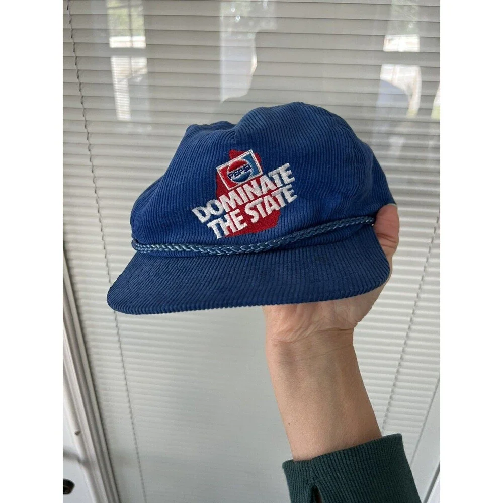 Vintage Pepsi Dominate the State Michigan Hat Blue Snapback‎ Corduroy Cap 70's